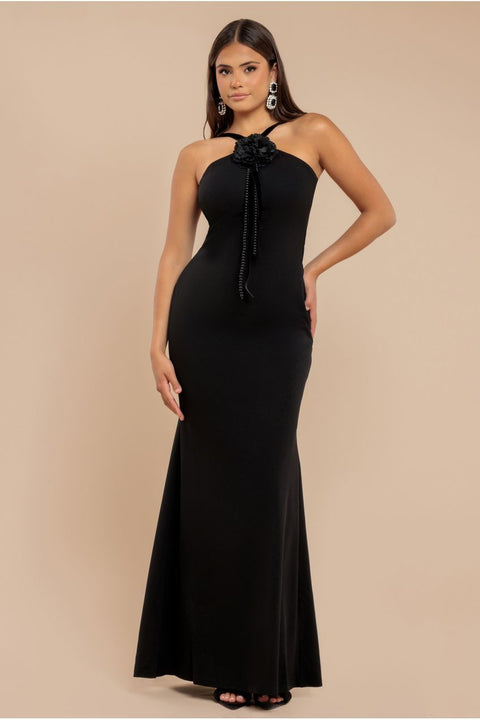 Goddiva Racer Neck Corsage Scuba Maxi - Black