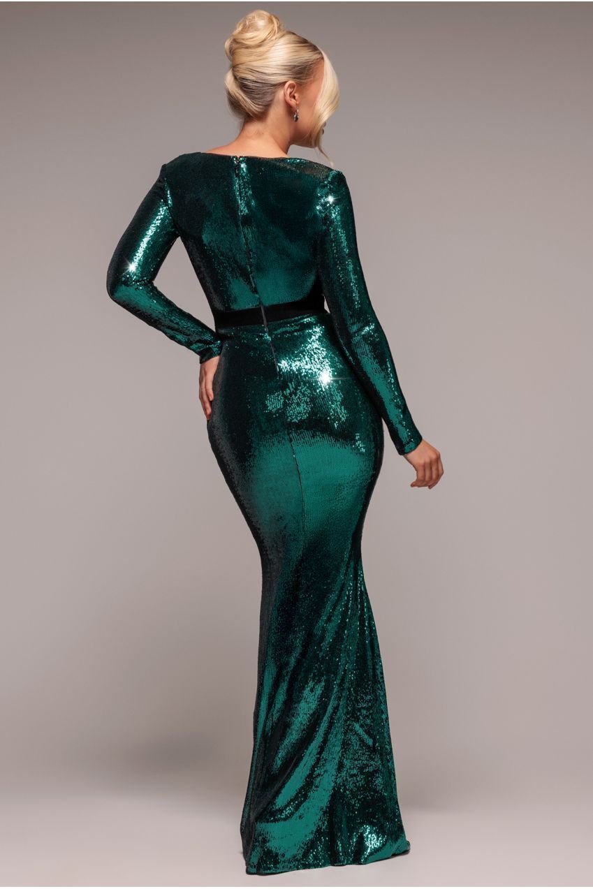 Goddiva Liquid Sequin Corsage Maxi - Emerald Green
