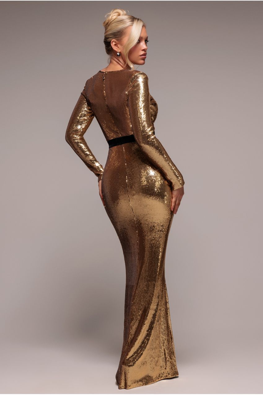Goddiva Liquid Sequin Corsage Maxi Dress - Gold