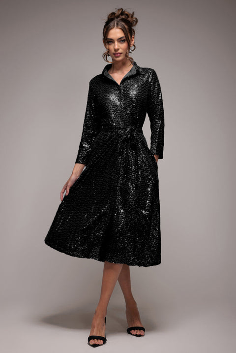 Goddiva Sequin Skater Shirt Dress - Black