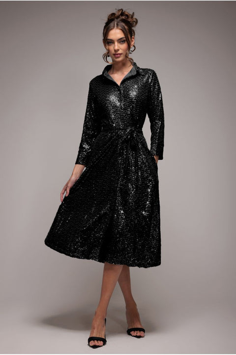 Goddiva Sequin Skater Shirt Dress - Black