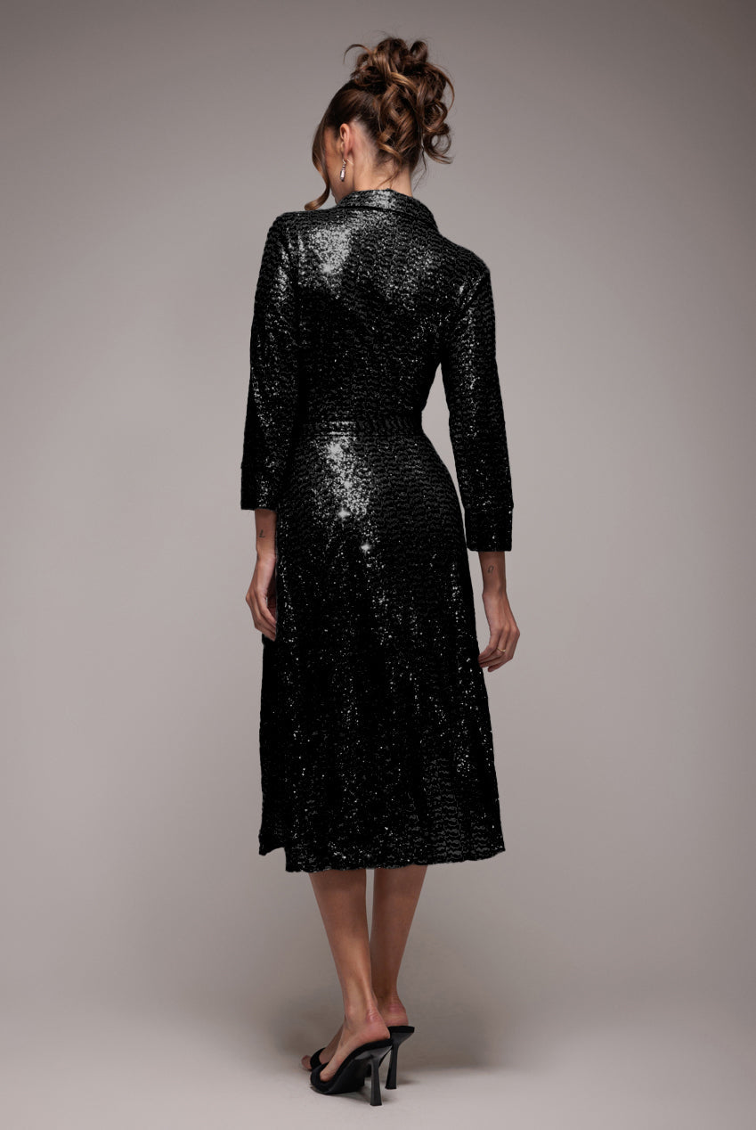 Goddiva Sequin Skater Shirt Dress - Black