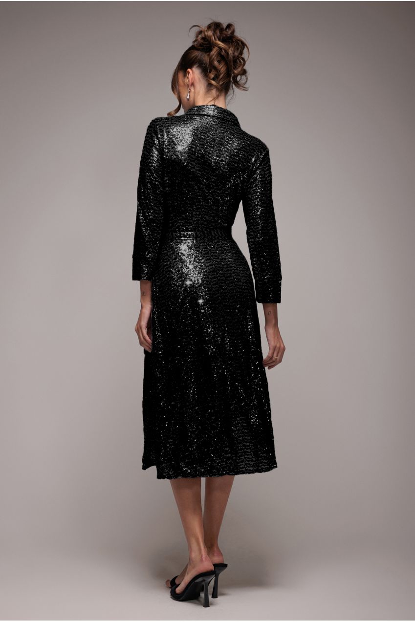 Goddiva Sequin Skater Shirt Dress - Black