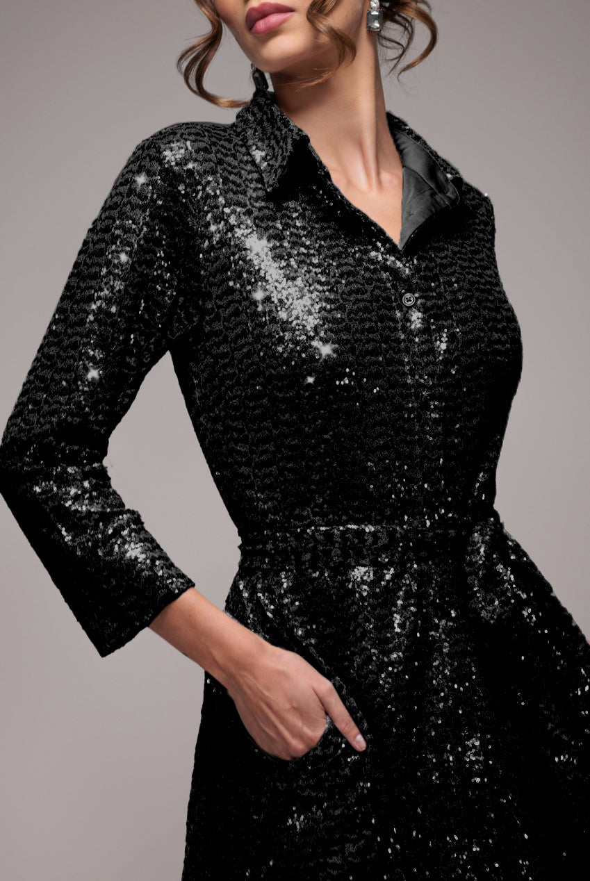 Goddiva Sequin Skater Shirt Dress - Black