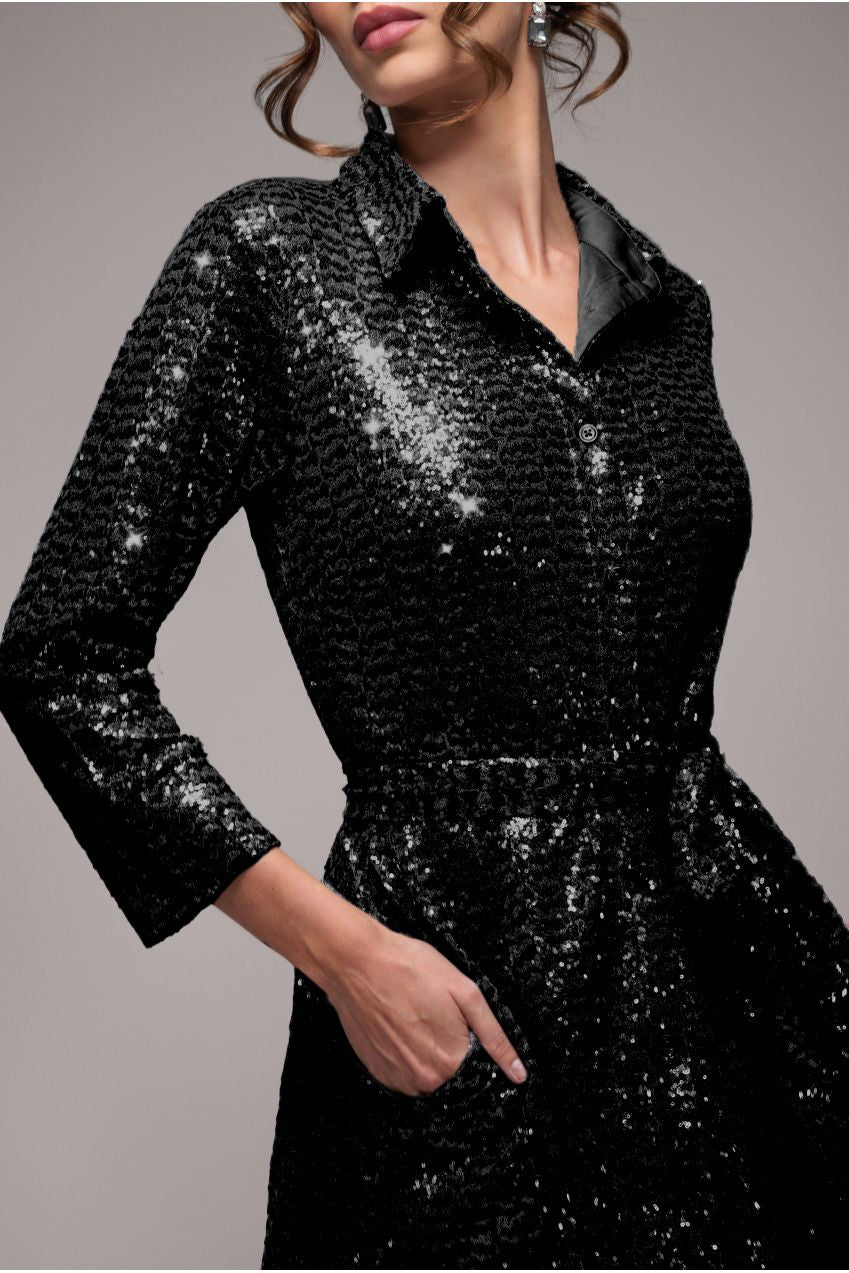 Goddiva Sequin Skater Shirt Dress - Black