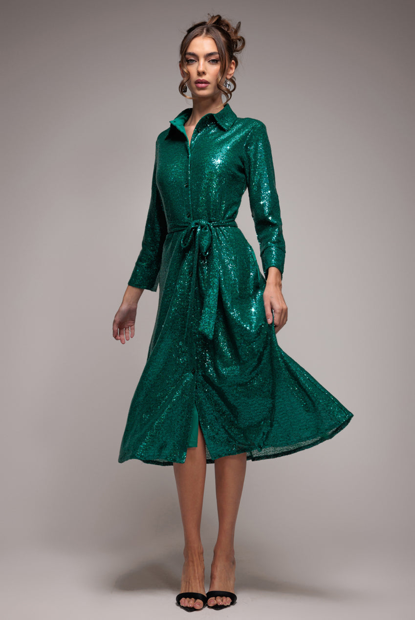 Goddiva Sequin Skater Shirt Dress - Emerald Green