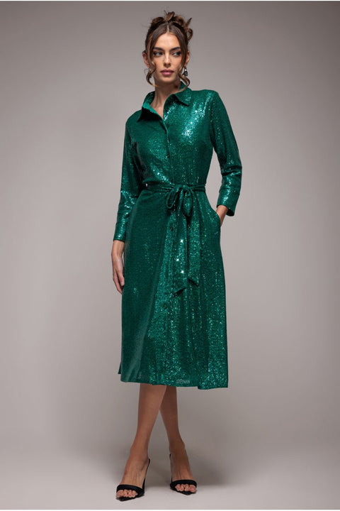 Goddiva Sequin Skater Shirt Dress - Emerald Green