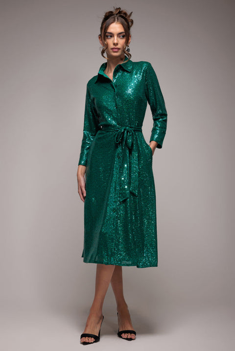 Goddiva Sequin Skater Shirt Dress - Emerald Green