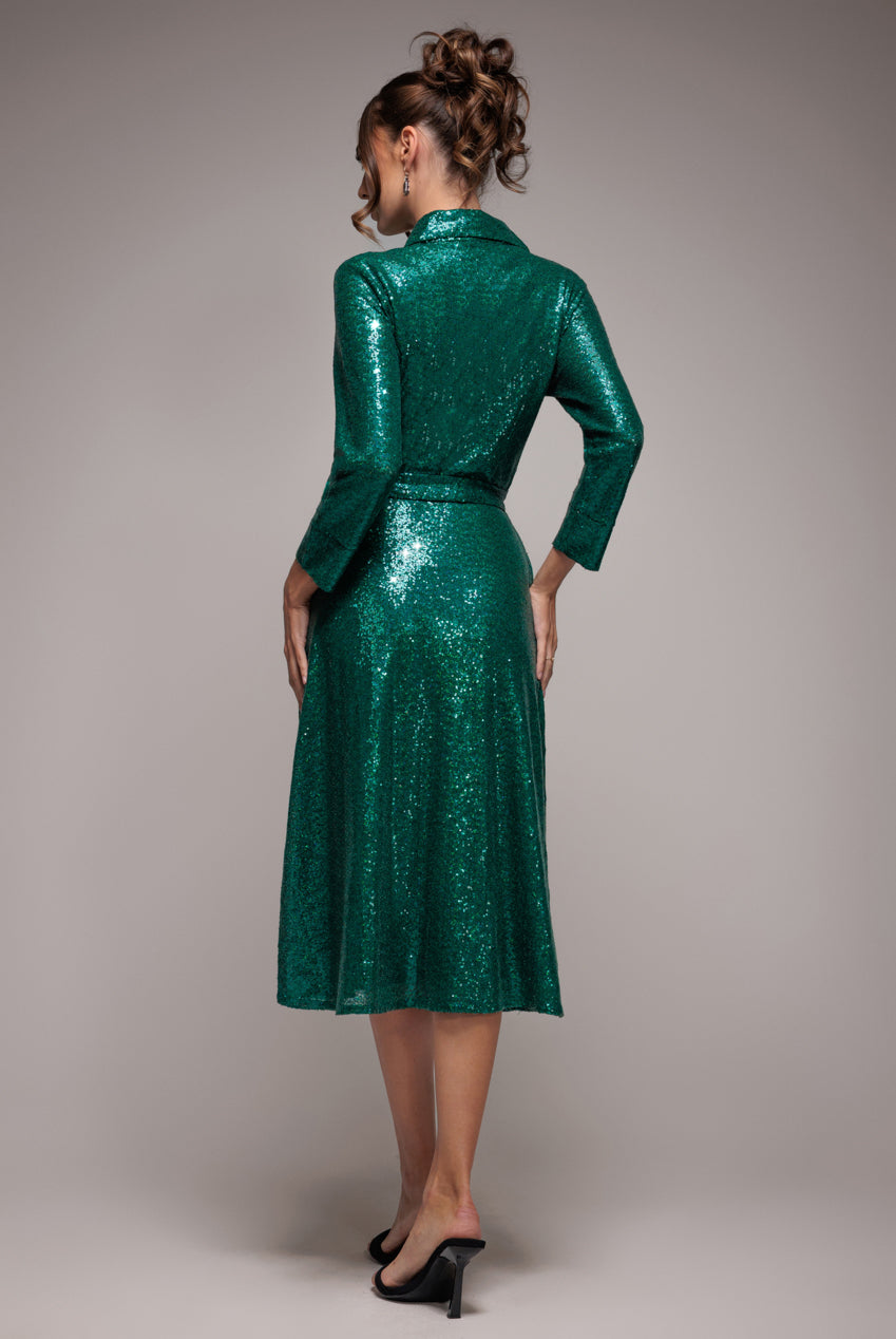 Goddiva Sequin Skater Shirt Dress - Emerald Green