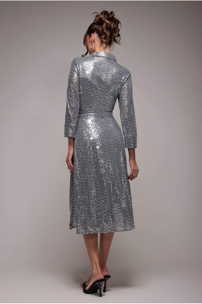 Goddiva Sequin Skater Shirt Dress - Silver