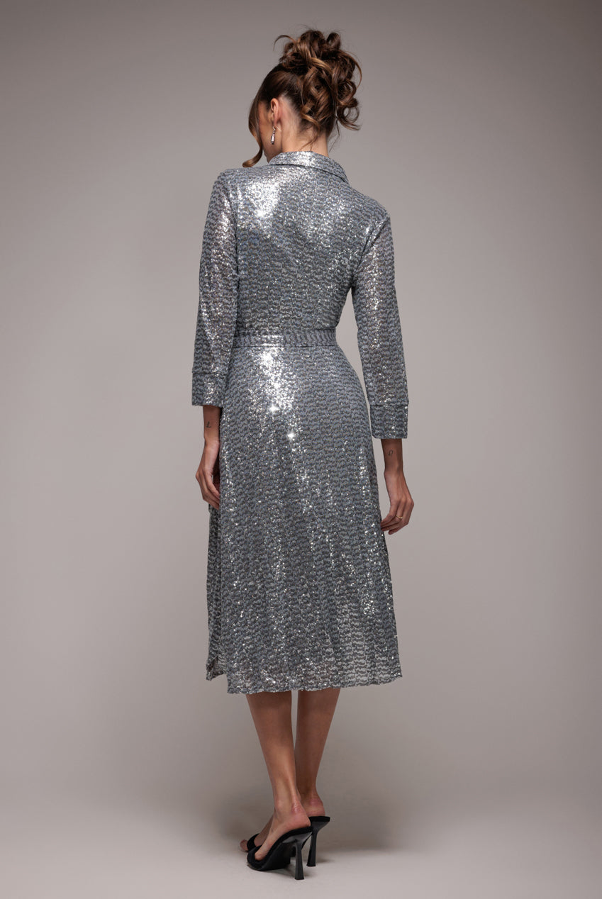 Goddiva Sequin Skater Shirt Dress - Silver