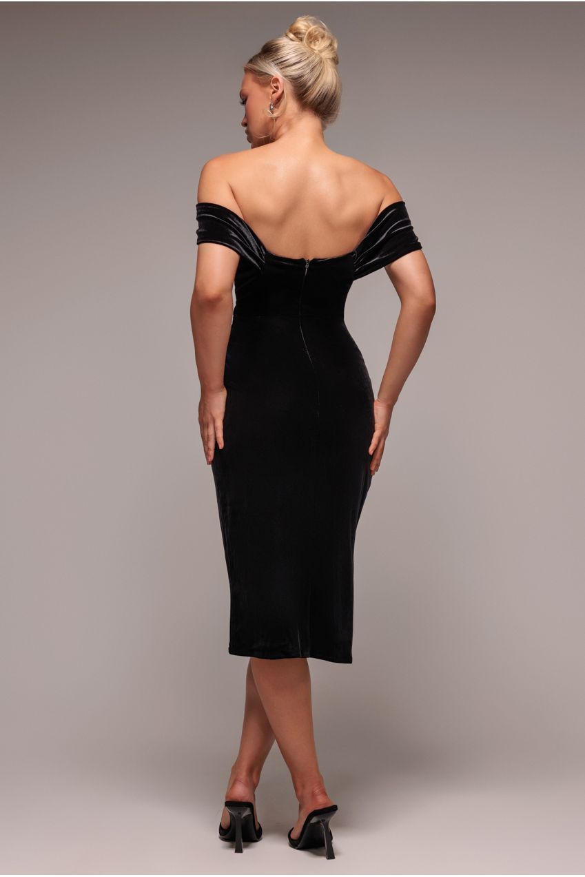 Goddiva Draped Shoulder Velvet Corset Midi Dress - Black