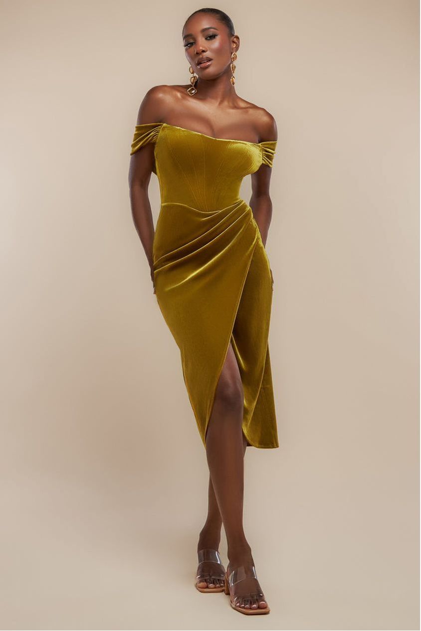 Goddiva Draped Shoulder Velvet Corset Midi Dress - Olive Green