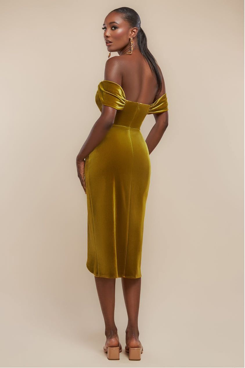 Goddiva Draped Shoulder Velvet Corset Midi Dress - Olive Green
