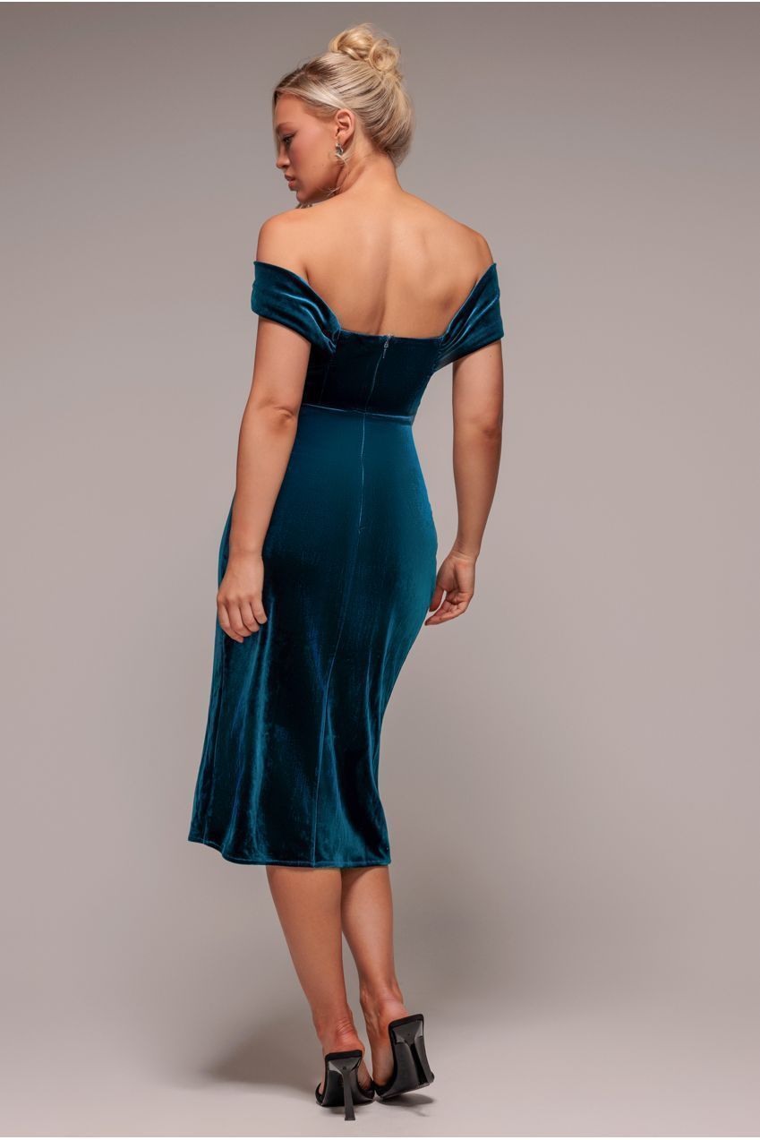 Goddiva Draped Shoulder Velvet Corset Midi Dress - Tealblue