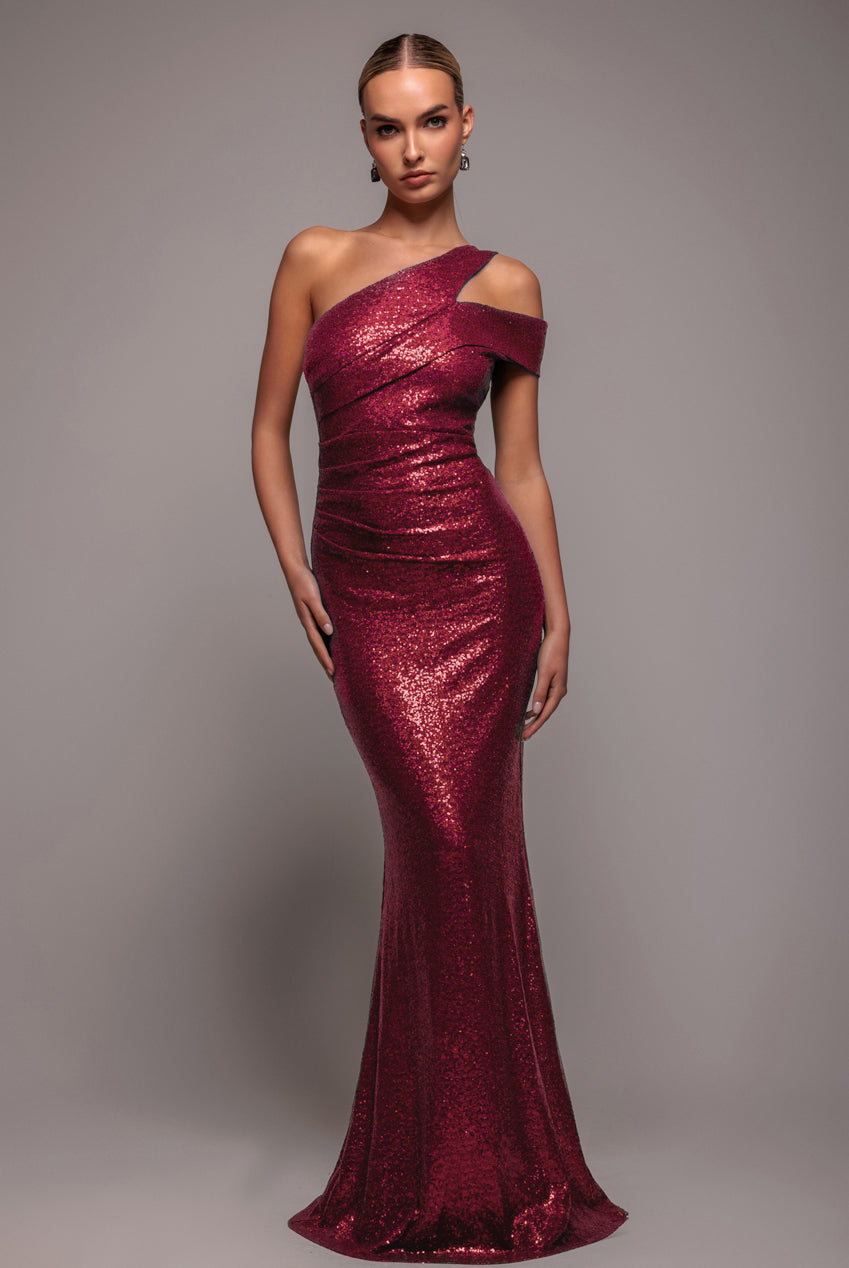Goddiva One Shoulder Sequin Evening Maxi - Wine