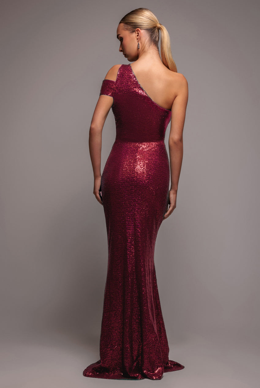 Goddiva One Shoulder Sequin Evening Maxi - Wine