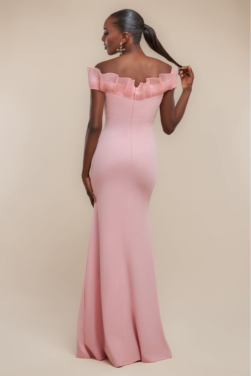 Goddiva Fan Pleated Bardot Scuba Crepe Maxi Dress - Blush Pink