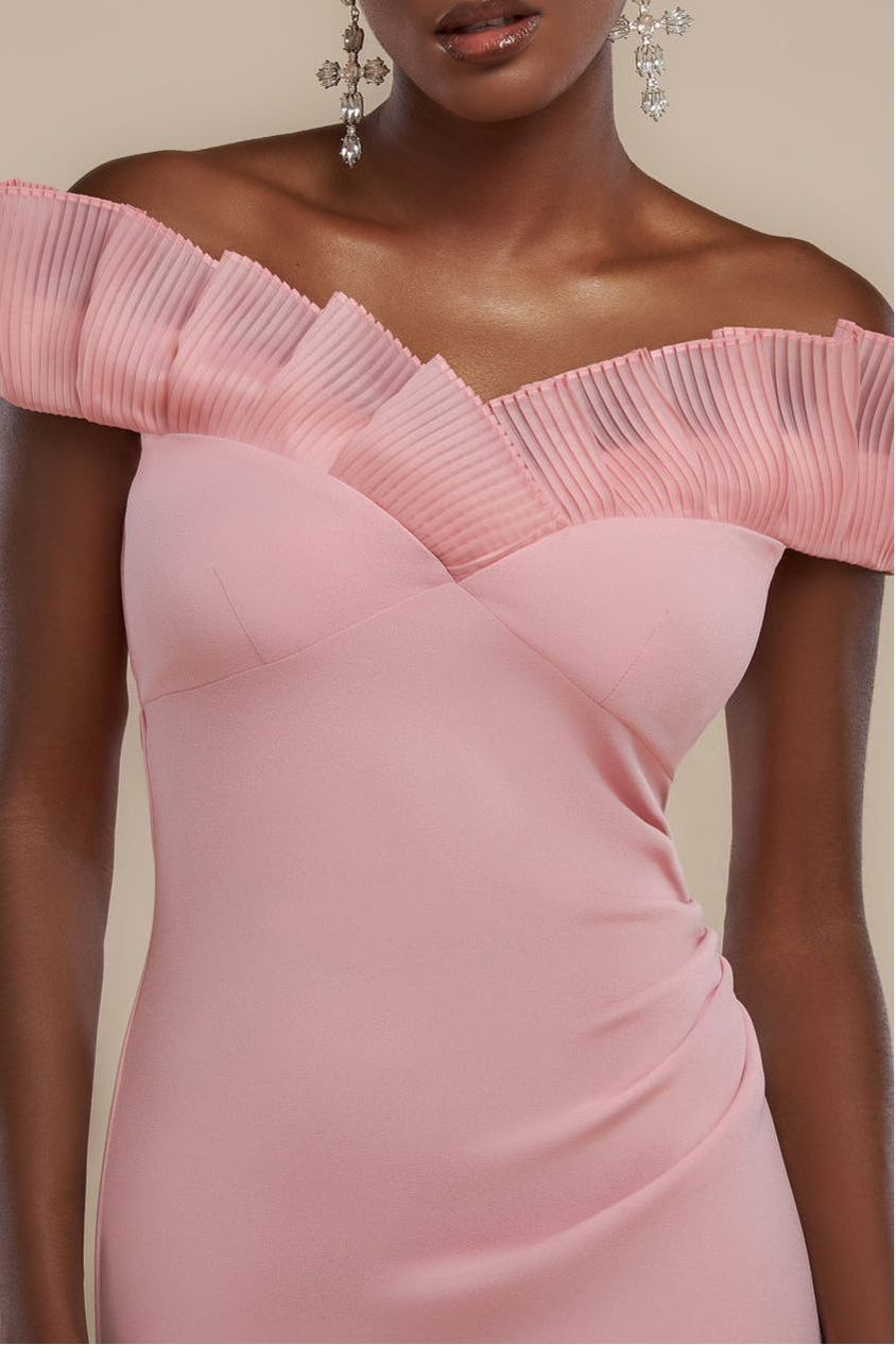 Goddiva Fan Pleated Bardot Scuba Crepe Maxi Dress - Blush Pink