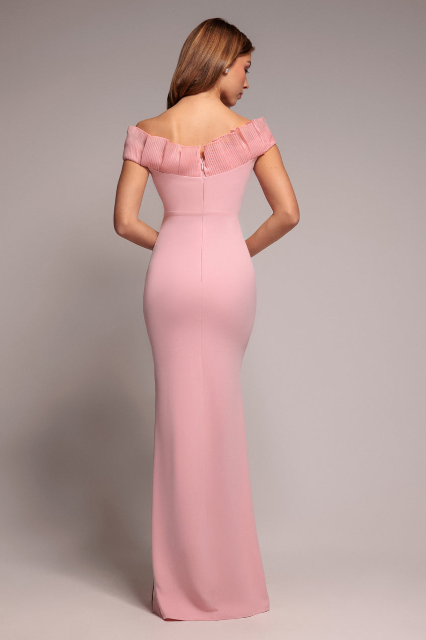 Goddiva Fan Pleated Bardot Scuba Crepe Maxi Dress - Blush Pink