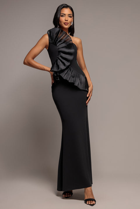 Goddiva One Shoulder Pleated Fan Maxi Dress - Black