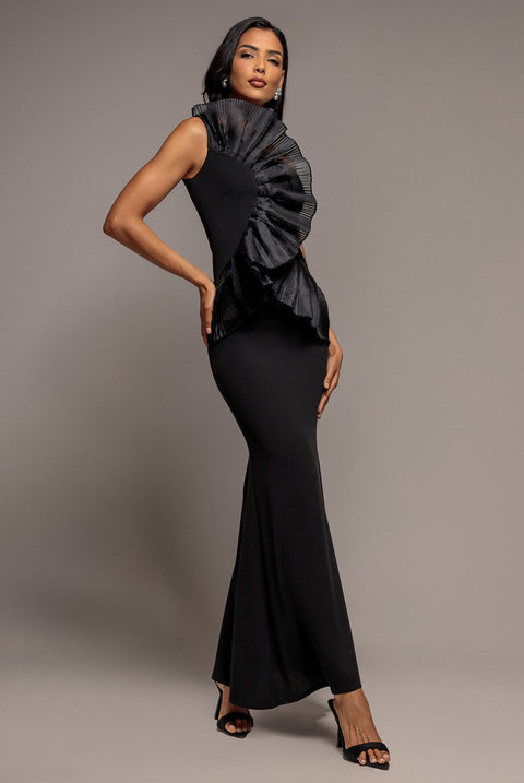 Goddiva One Shoulder Pleated Fan Maxi Dress - Black