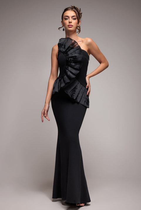 Goddiva One Shoulder Pleated Fan Maxi Dress - Black
