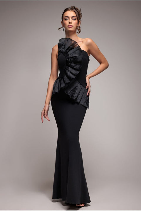 Goddiva One Shoulder Pleated Fan Maxi Dress - Black