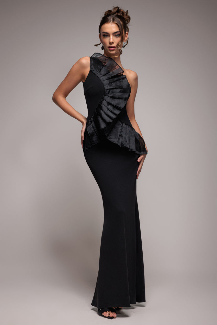 Goddiva One Shoulder Pleated Fan Maxi Dress - Black