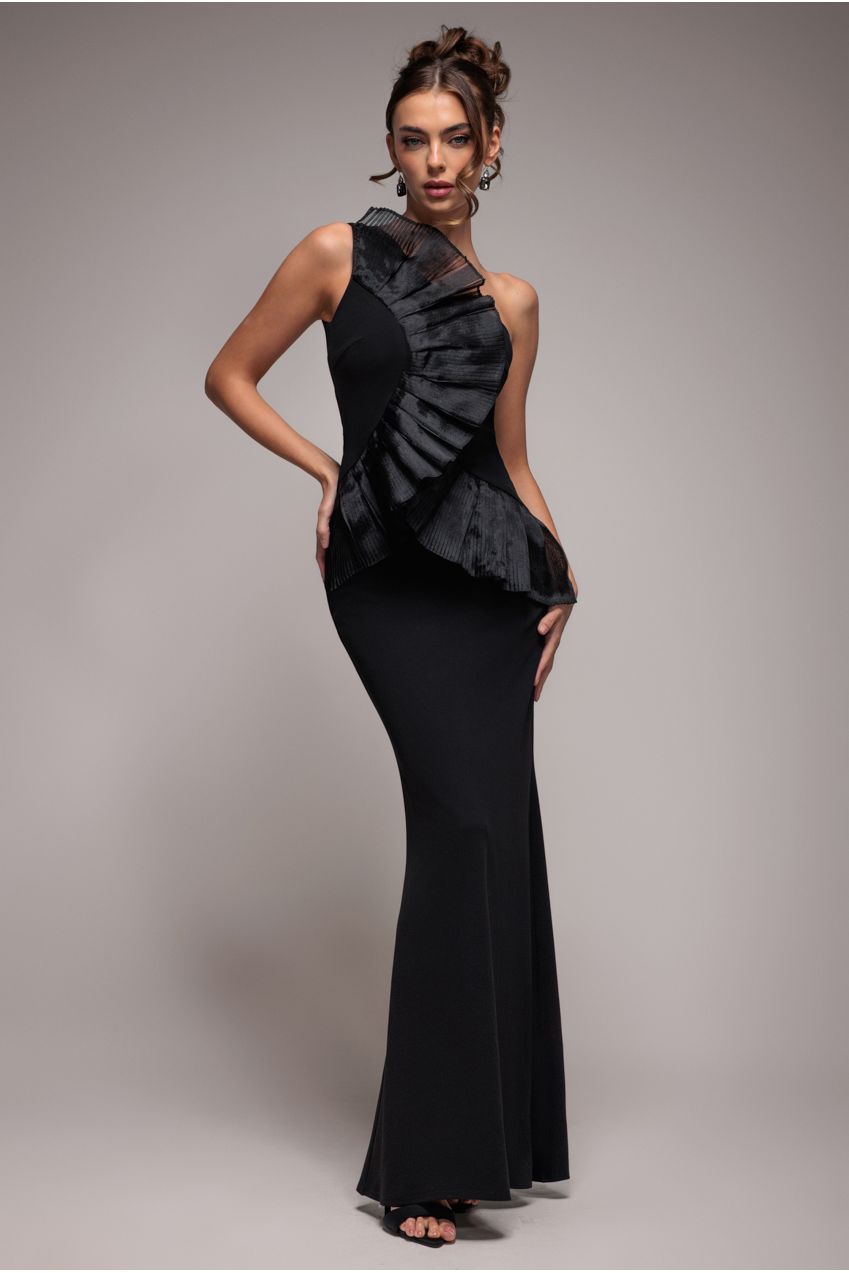 Goddiva One Shoulder Pleated Fan Maxi Dress - Black