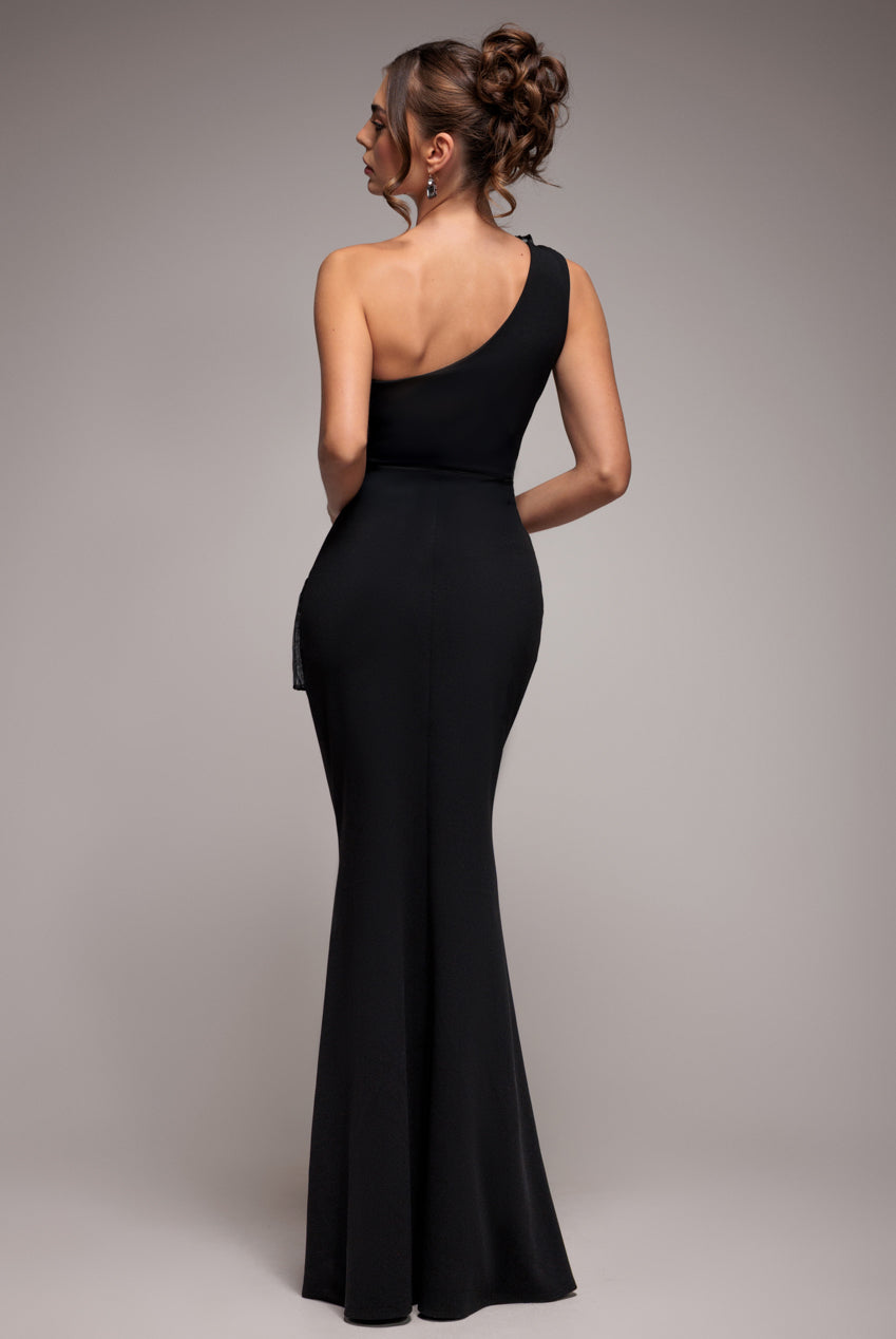 Goddiva One Shoulder Pleated Fan Maxi Dress - Black