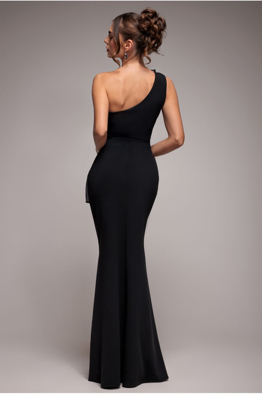 Goddiva One Shoulder Pleated Fan Maxi Dress - Black