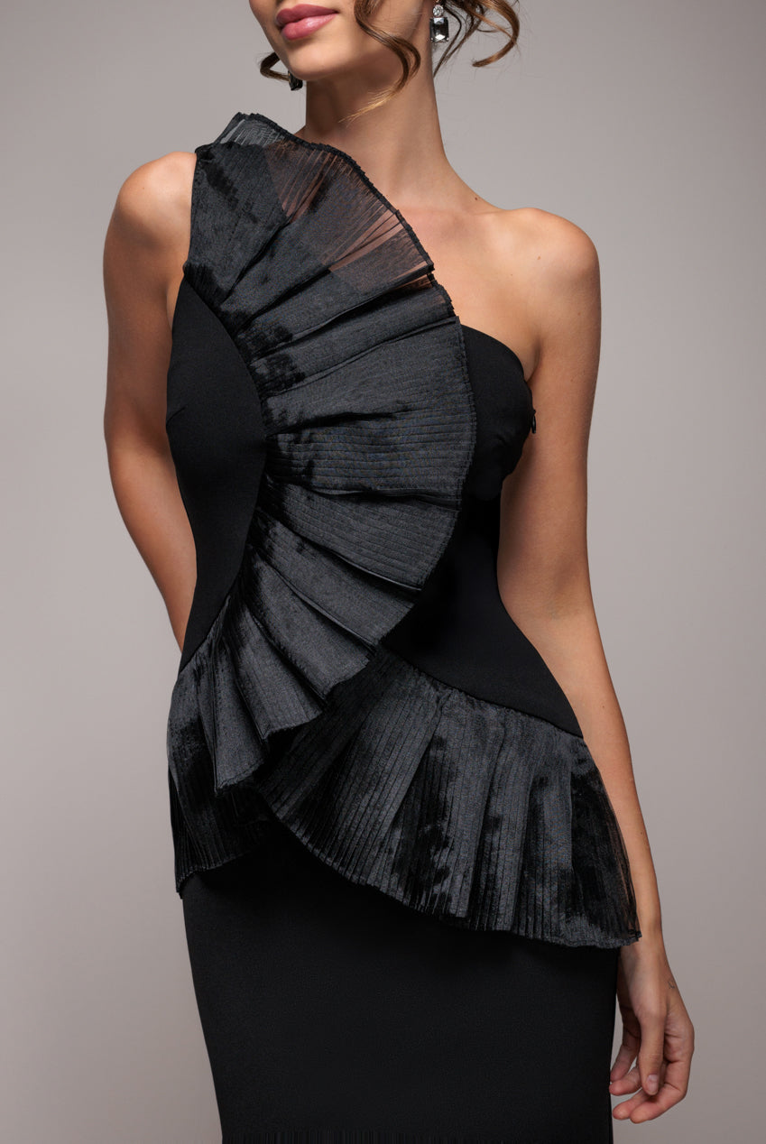 Goddiva One Shoulder Pleated Fan Maxi Dress - Black