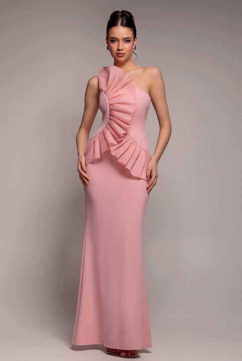 Goddiva One Shoulder Pleated Fan Maxi Dress - Blush Pink