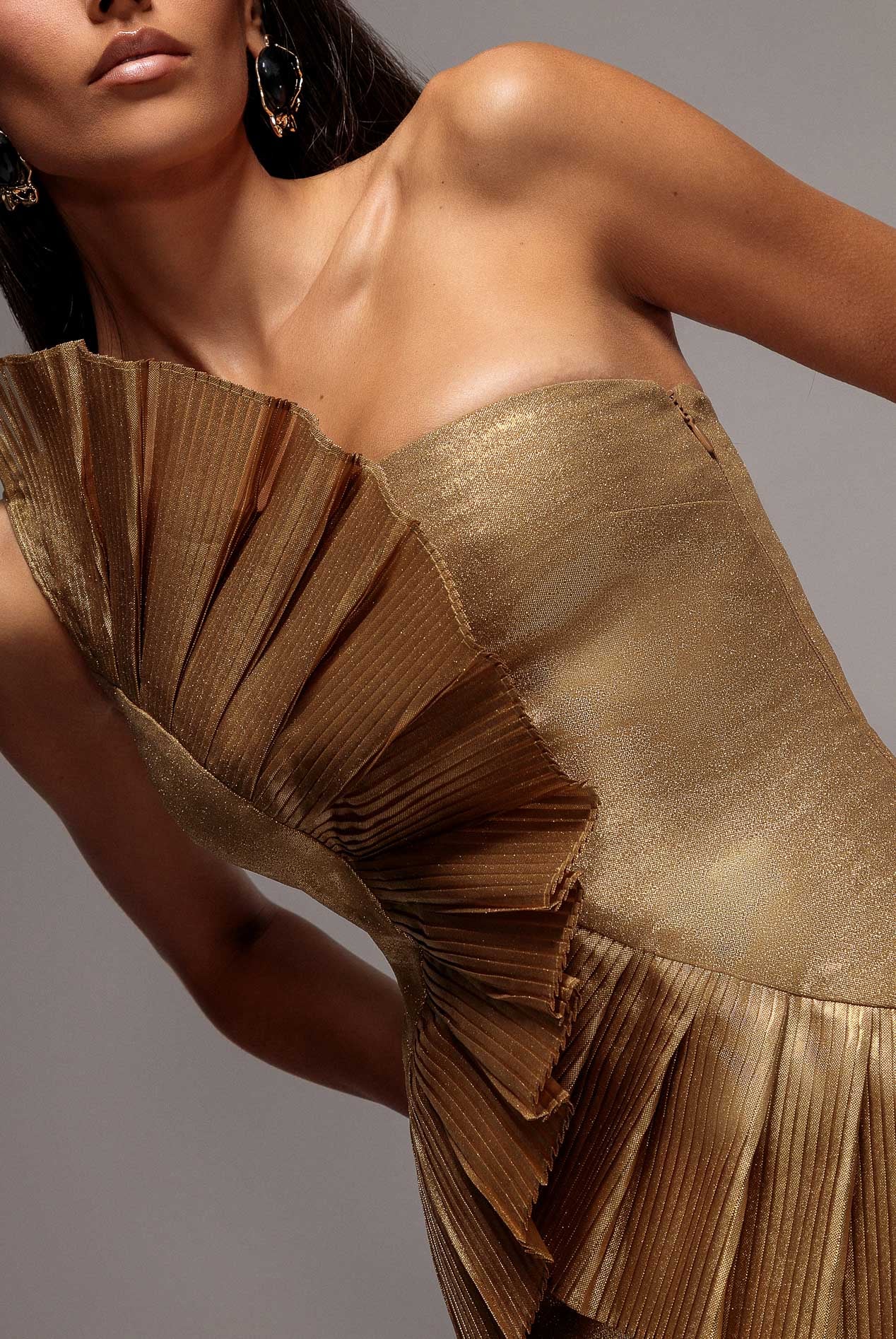 Goddiva One Shoulder Pleated Fan Maxi Dress - Gold