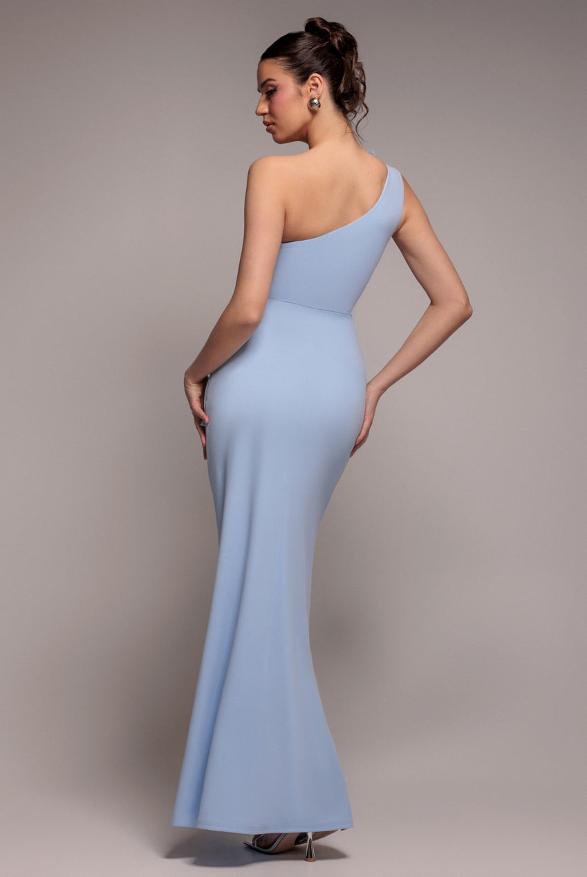 Goddiva One Shoulder Pleated Fan Maxi Dress - Powder Blue