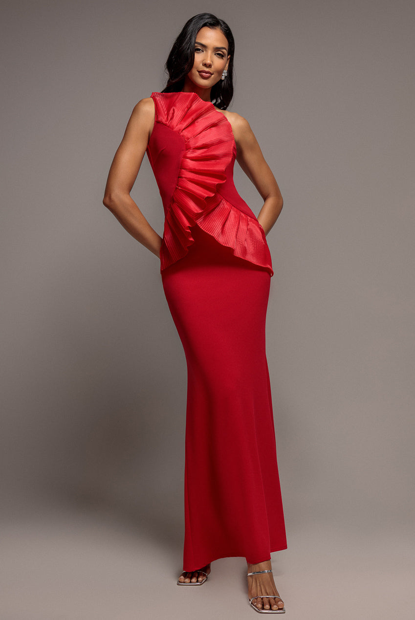 Goddiva One Shoulder Pleated Fan Maxi Dress - Red