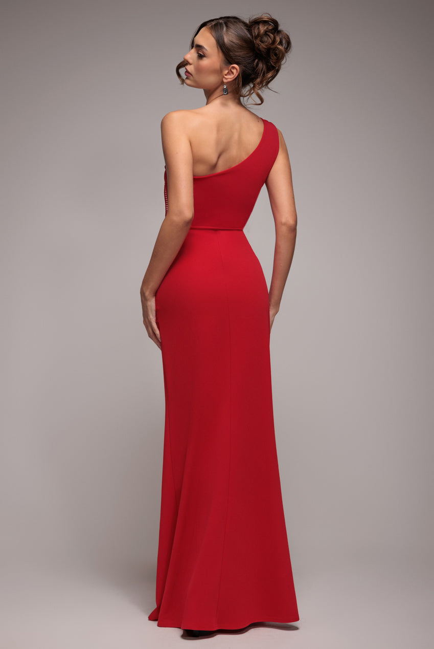 Goddiva One Shoulder Pleated Fan Maxi Dress - Red