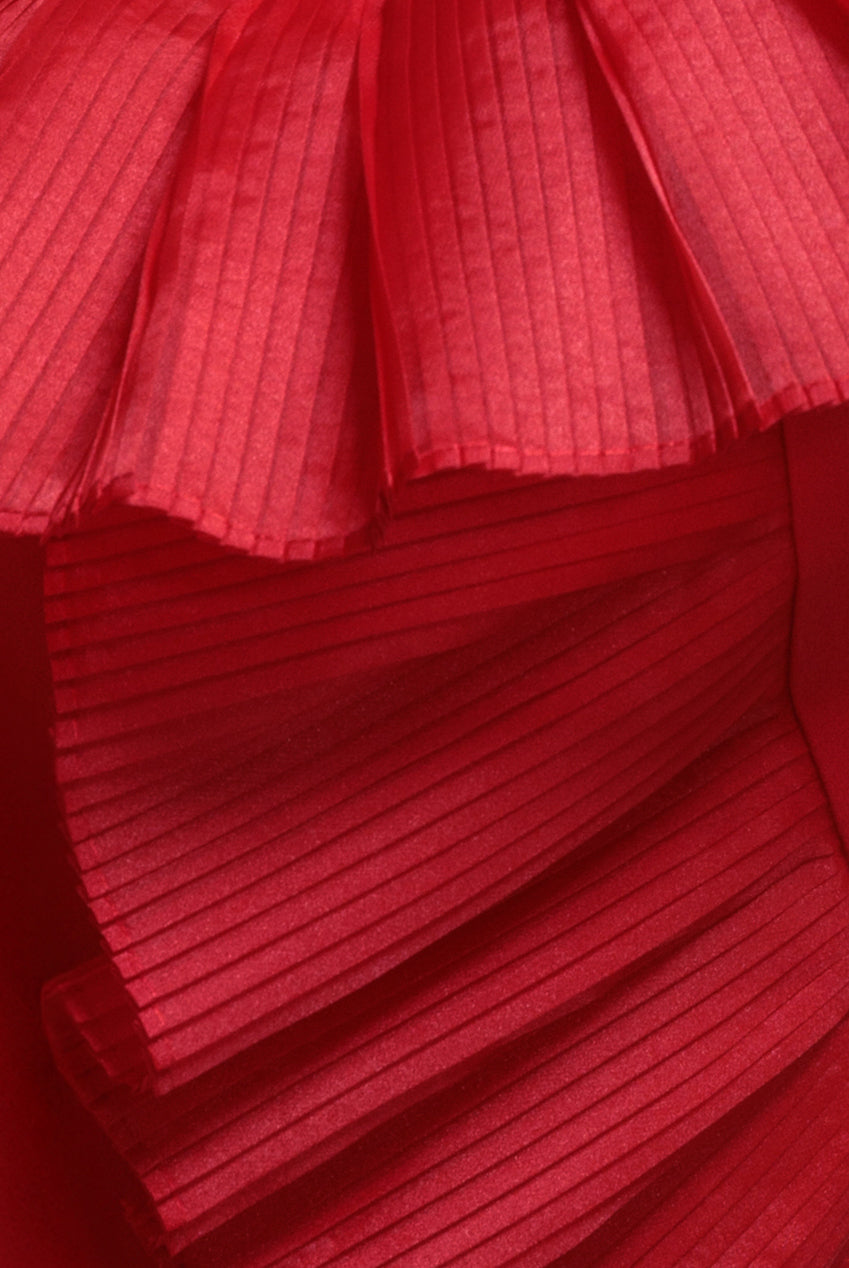 Goddiva One Shoulder Pleated Fan Maxi Dress - Red