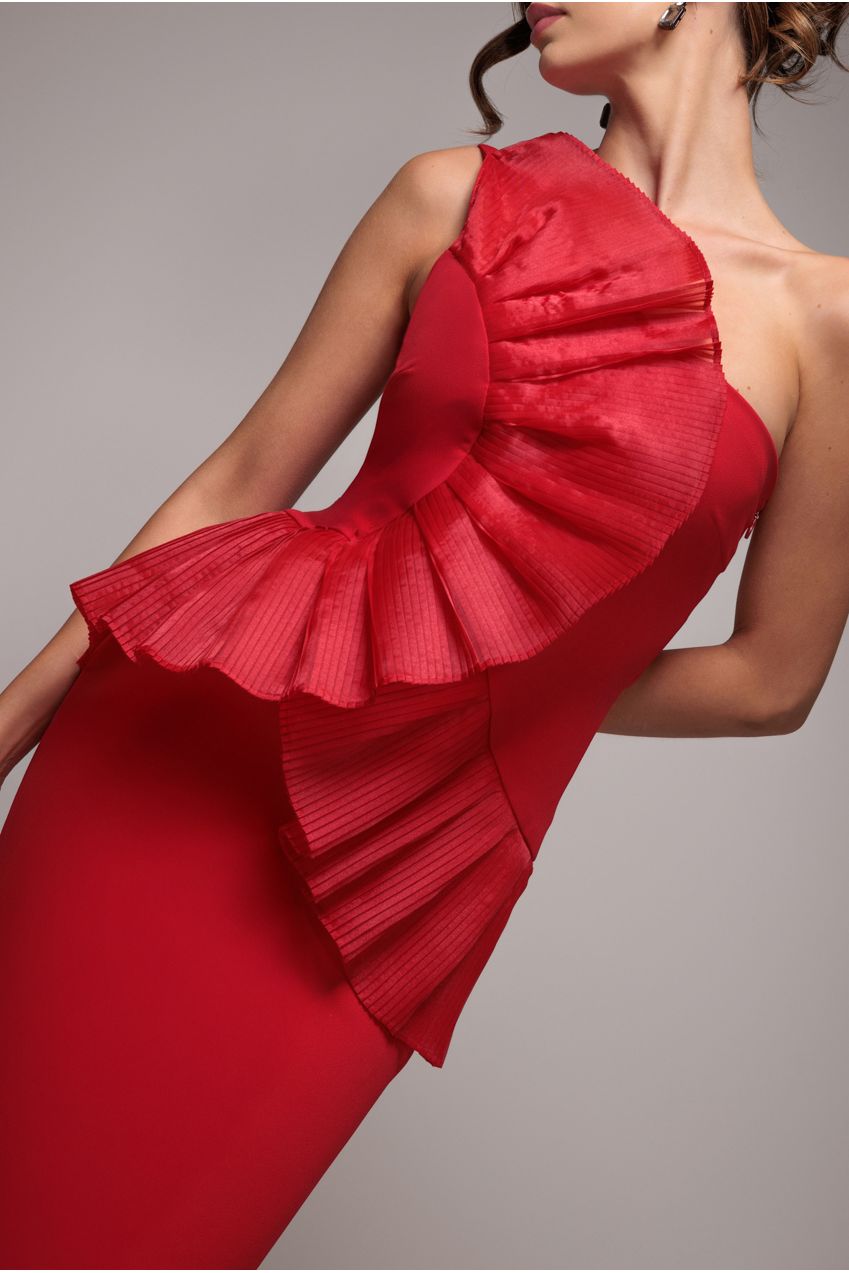 Goddiva One Shoulder Pleated Fan Maxi Dress - Red