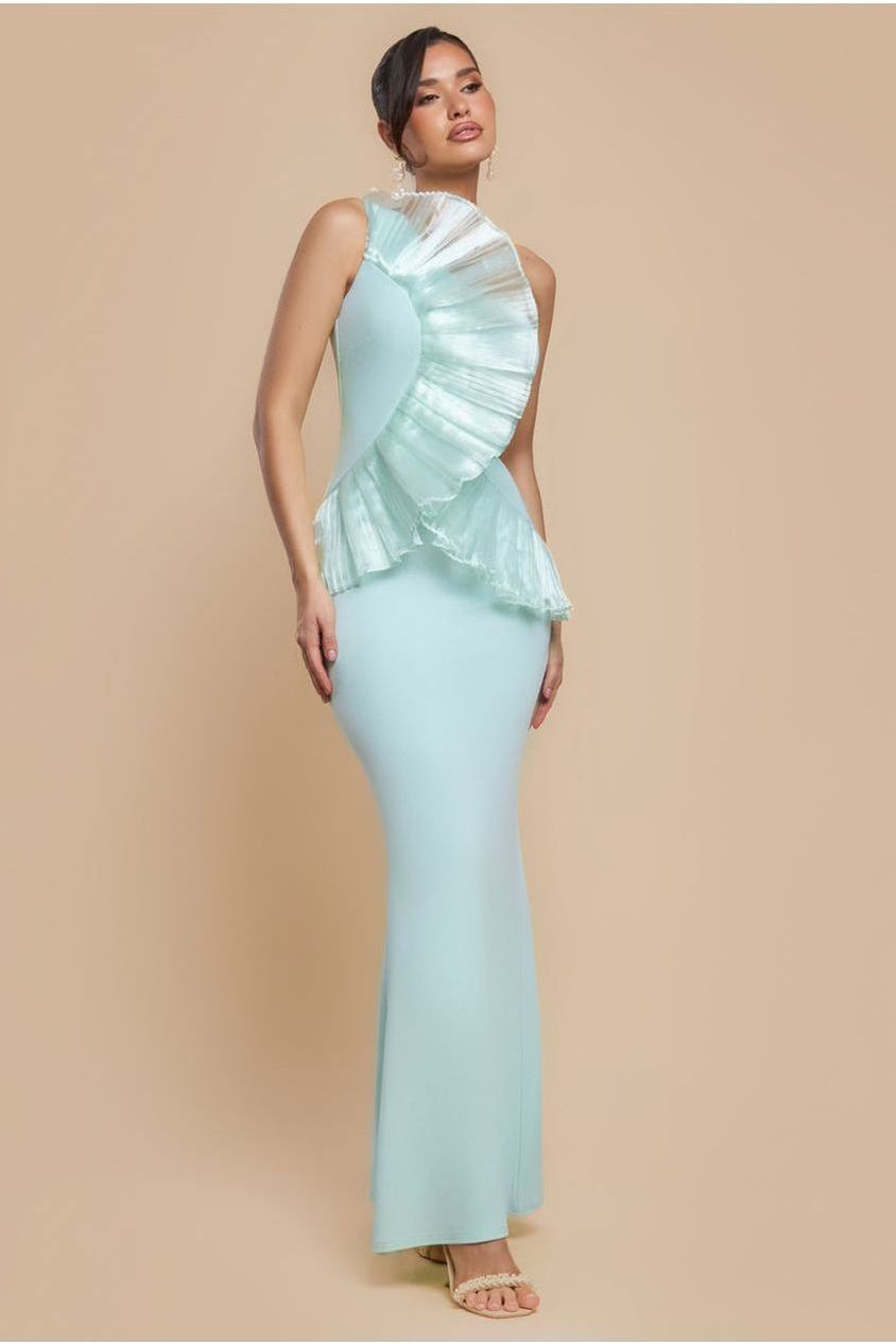 Goddiva One Shoulder Pleated Fan Maxi Dress - Mint Green