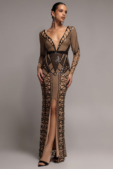 Goddiva Geometric Sequin Plunge Maxi - Black