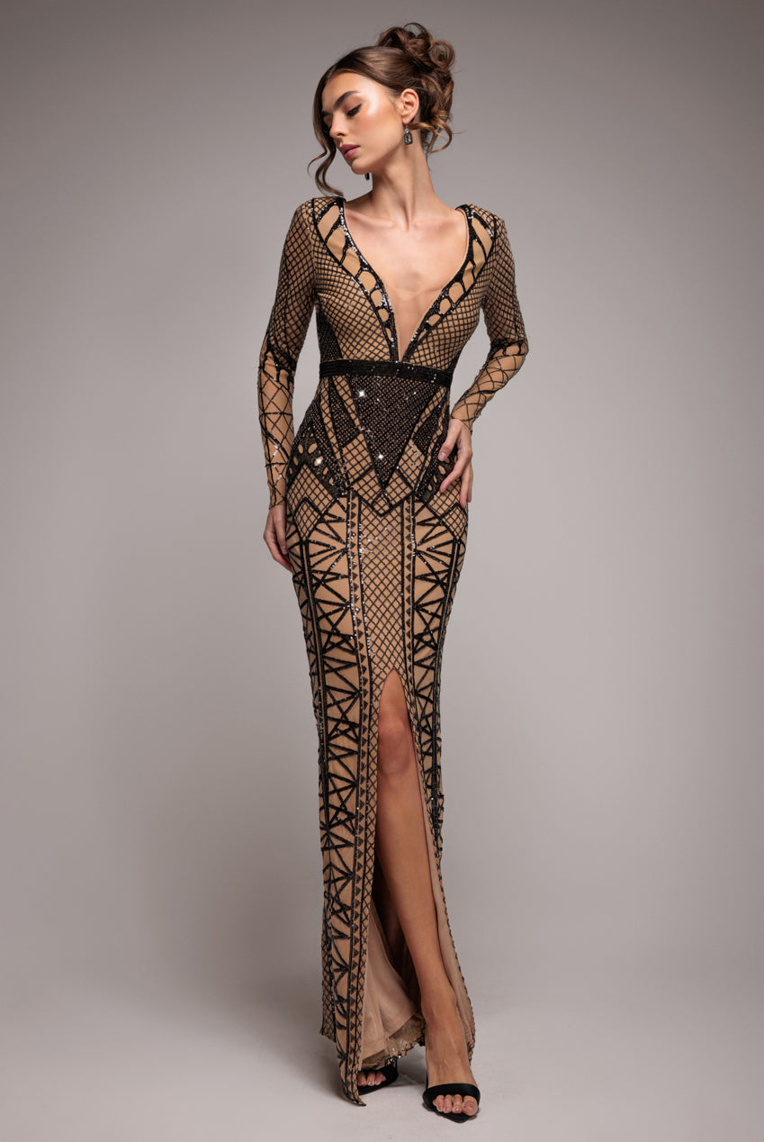 Goddiva Geometric Sequin Plunge Maxi - Black
