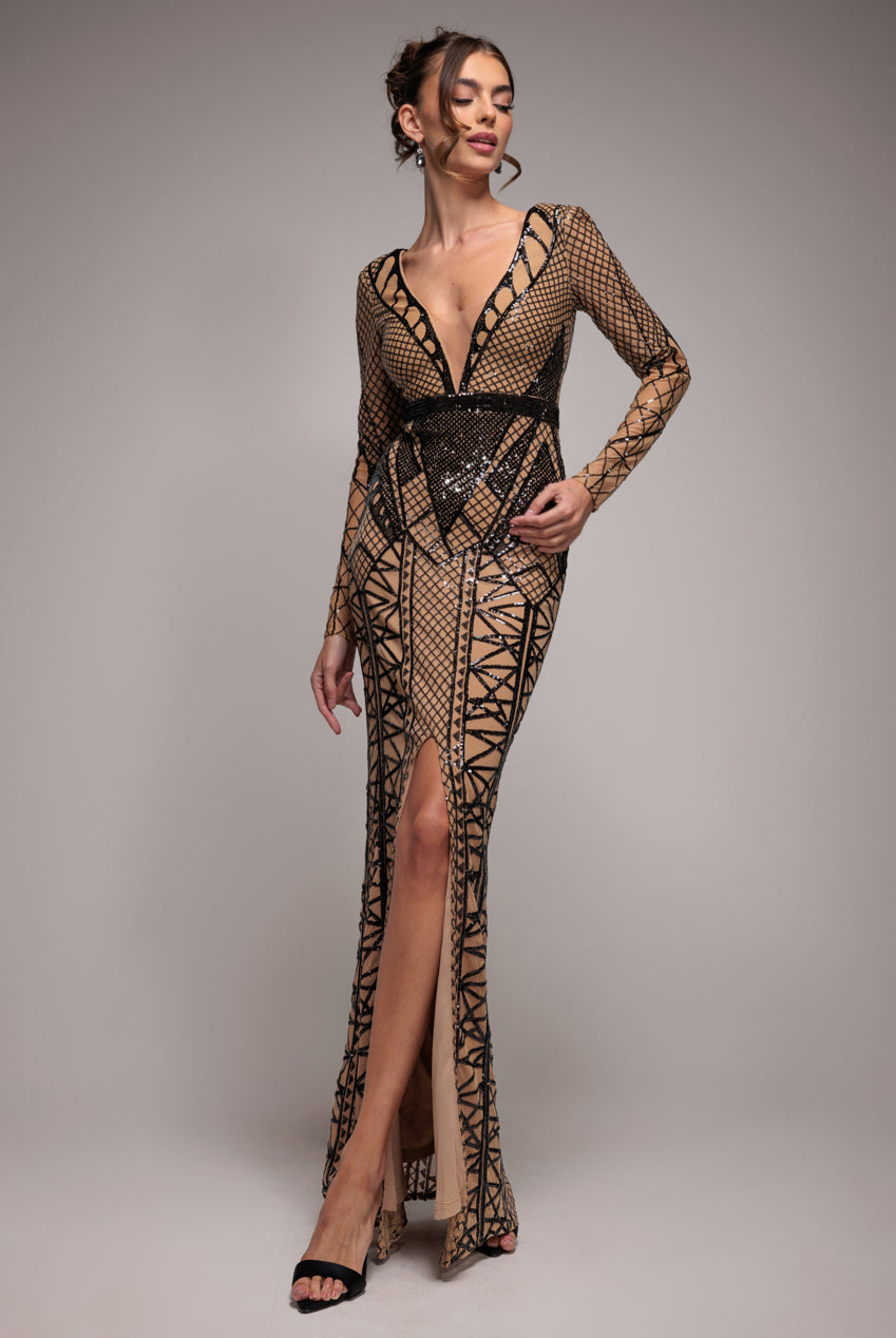 Goddiva Geometric Sequin Plunge Maxi - Black