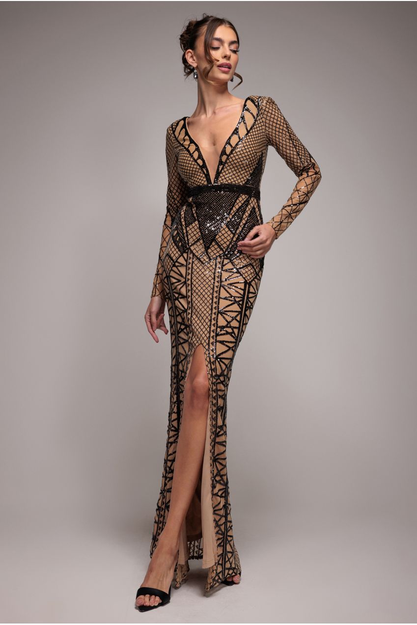 Goddiva Geometric Sequin Plunge Maxi - Black