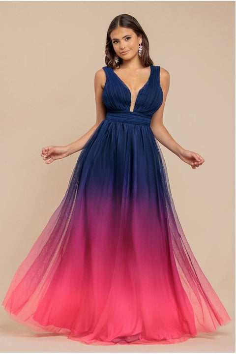 Goddiva Sleeveless Ombre Pleated A-Line Maxi Dress - Pink Ombre