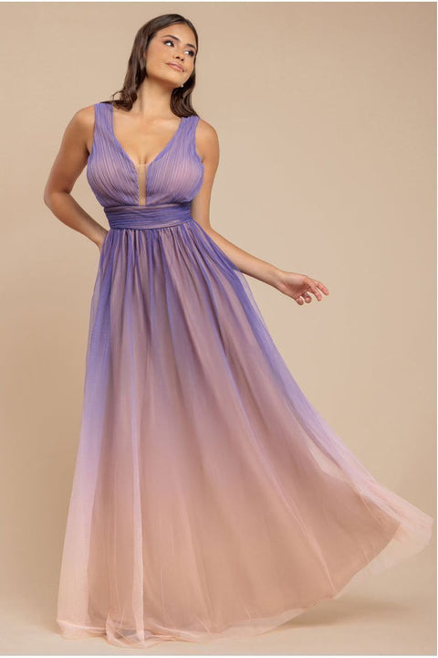Goddiva Sleeveless Ombre Pleated A-Line Maxi Dress - Lilac Ombre