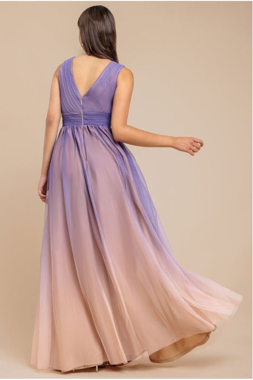 Goddiva Sleeveless Ombre Pleated A-Line Maxi Dress - Lilac Ombre