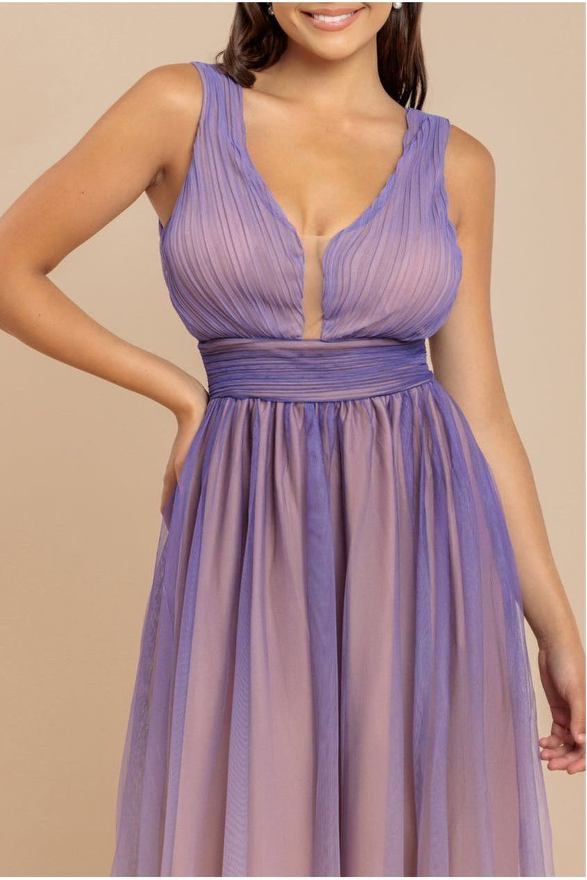 Goddiva Sleeveless Ombre Pleated A-Line Maxi Dress - Lilac Ombre