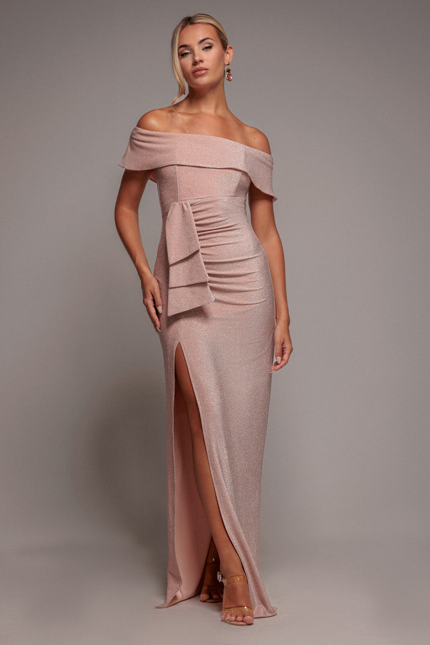 Goddiva Lurex Bardot Maxi With Waterfall Ruffle - Blush